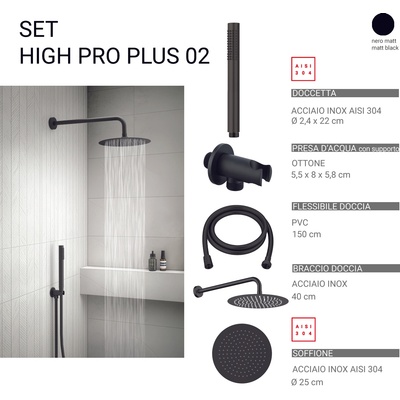 Gedy Комплект душ High Pro Plus 02, пита 25 см, черен мат (0000GYHP1010200)