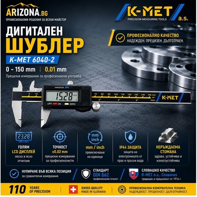 K-MET Дигитален шублер с голям дисплей k-met 6040-2 - 150 мм, 0.01 мм (6040-2)
