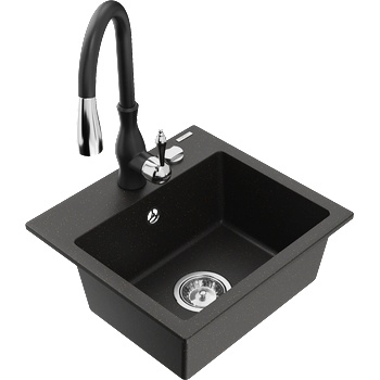 Mexen Milo гранитна мивка с 1 отделение с кухненски смесител Savita, черен/златист металик - 6505-75-672601-70 (6505-75-672601-70)