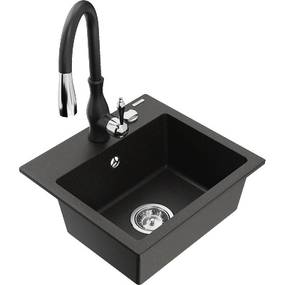 Mexen Milo гранитна мивка с 1 отделение с кухненски смесител Savita, черен/златист металик - 6505-75-672601-70 (6505-75-672601-70)