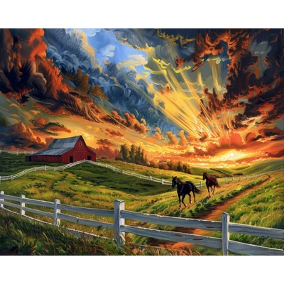 ZUTY Obrazy na stenu - KONE V OHRADE, STAJŇA A VÝCHOD SLNKA Rámovanie: bez rámu a bez vypnutia plátna, Rozmer: 40x50 cm