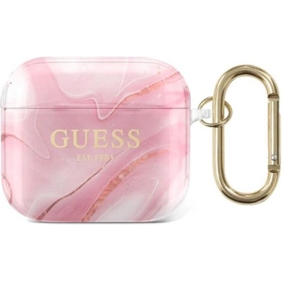 GUESS Защитен калъф Guess AirPods 3 Shiny Marble Silicone Case, за Apple Airpods 3, силиконов с карабинер, розов (GUA3UNMP)