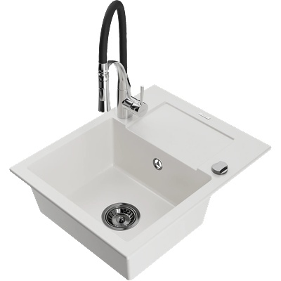 Mexen Enzo гранитна мивка с 1 отделение и отцедник и кухненски смесител Aster, бял - 6506-20-73450-07-B (6506-20-73450-07-B)