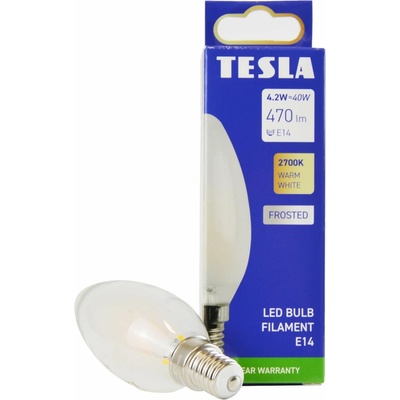 Tesla – LED žiarovka FILAMENT RETRO sviečka E14, 4,2 W, 230 V, 470 lm, 25 000h, 2700 K teplá, 360st, mliečna CL144227-1F