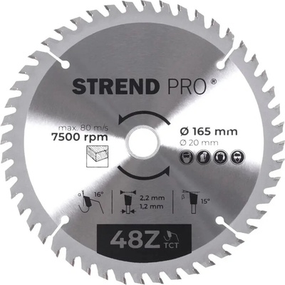 Kotúč Strend Pro TCT 165x2.2x20/16 mm 48Z, na drevo, pílový, SK plátky