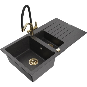 Mexen Matias гранитна мивка с 1, 5 камери и отцедник с кухненски смесител Duo, черно на пръски - 6502-76-671701-57-G (6502-76-671701-57-G)