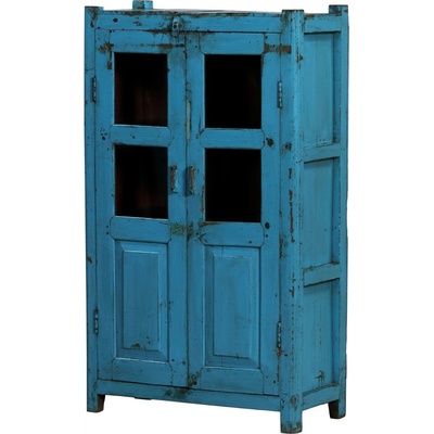 Sanu Babu Prosklená skříňka z teakového dřeva, tyrkysová patina, 77x39x133cm