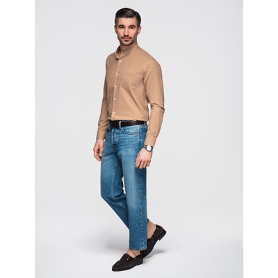 Ombre Clothing Мъжка памучна риза с права яка и джоб REGULAR FIT - светло кафяво Ombre Clothing | Kafyav | МЪЖЕ | S
