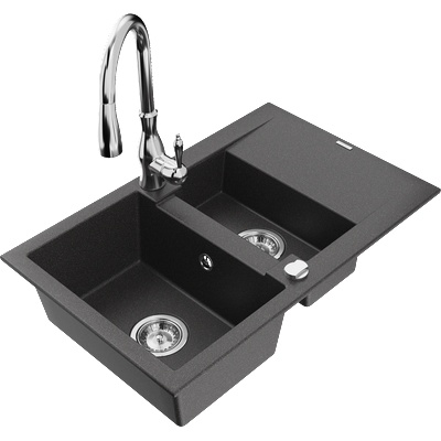 Mexen Gaspar гранитна мивка с 1, 5 камери с отцедник и кухненски смесител Savita, черна с пръски - 6507-76-672601-00 (6507-76-672601-00)