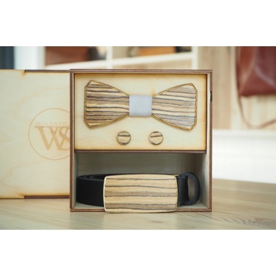 Wood Style Set Hranatý Zebráno opasek motýlek a manžetové knoflíčky Šedá