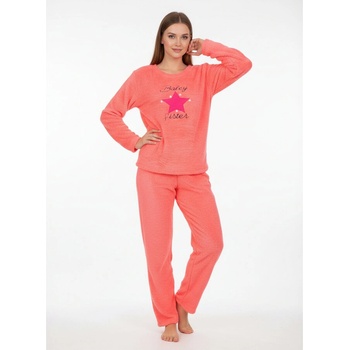 Дамска зимна пухкава пижама в коралово със звезда