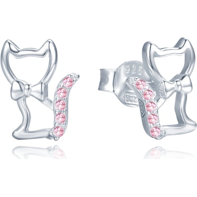 MINET 1526 Stříbrné náušnice kočky s růžovými zirkony