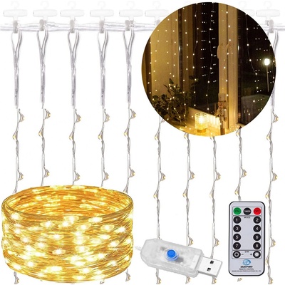 SPRINGOS LED Nano světelný závěs 2x2m 200LED 8 funkcí ovladač USB IP44 teplá bílá