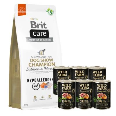 Brit CARE Хипоалергенна храна за кучета Dog Show Champion с сьомга и херинга 12кг + WILD FARM Monoprotein Pork 6x400g - хипоалергенна храна за кучета