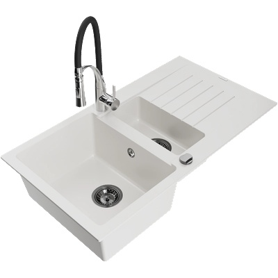 Mexen Matias гранитна мивка 1, 5 камерен с отцедник и кухненски смесител Aster, бял - 6502-20-73450-07-B (6502-20-73450-07-B)