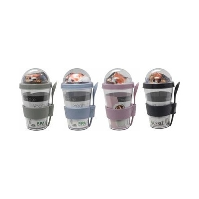 DOMSTAV Dóza plastová na jogurt 0,33l, silikonový držák s lžičkou, d9x16,5cm, plast, mix barev