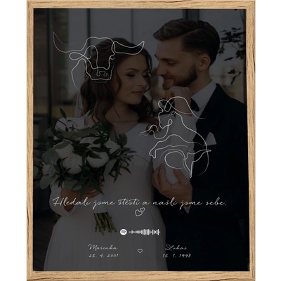 Plakát ZNAMENÍ a QR KÓD vlastní píseň a fotografie Rámeček: Dřevěný rámeček, Počet osob, Text: 2 osoby, Text plakátu: Text na obrázku + Vlastní píseň