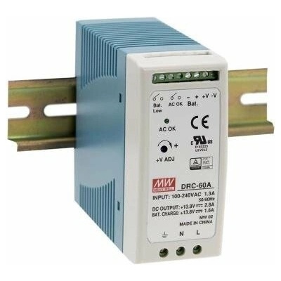 MEAN WELL DRC-60A Zdroj, napájecí, průmyslový, 60W, 12-15V, DIN montáž, s funkcí nabíječky 12V (UPS) DRC-60A
