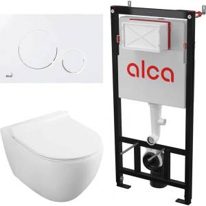 Alcadrain Комплект тоалетно казанче с вградена рамка Alca AM101/1120 и матово бял капак M676 плюс тоалетна чиния Fluminia Minerva с бял капак с плавно затваряне (AM101/1120+M676+2210R)