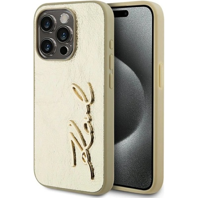 KARL LAGERFELD Карл Лагерфелд Набръчкан метален подпис за iPhone 15 Pro Калъф - златен (3666339255466)