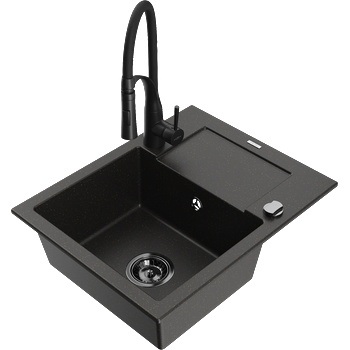 Mexen Enzo гранитна мивка с 1 гнездо с отцедник и кухненски смесител Aster, черно/златист металик - 6506-75-73450-70-B (6506-75-73450-70-B)