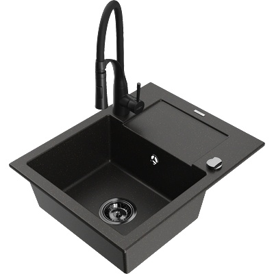 Mexen Enzo гранитна мивка с 1 гнездо с отцедник и кухненски смесител Aster, черно/златист металик - 6506-75-73450-70-B (6506-75-73450-70-B)