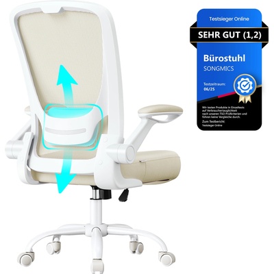 SONGMICS ergonomic office chair, swivel chair with mesh, lumbar and headrest, rocker function, 53 cm seat, folding armrests, study and bedroom, students, oatmeal beige OBN037K02