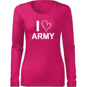 DRAGOWA Slim дамска тениска с дълъг ръкав, I Love Army, розова, 160г/м2 (6025)