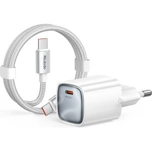 Mcdodo Зарядно устройство за мрежа Mcdodo Wall Charger Nano Series (CH-8263) - с включен Type-C кабел, USB-C порт, 65W, GaN технология, 1.2m - Бял