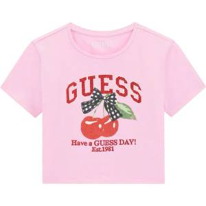 GUESS Бледо розова къса тениска за момиче с черешки и голям червен надпис Guess