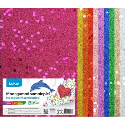 LUMA Moosgummi A4 BIO GLITR s flitry, samolepicí, mix barev - balení 10 ks
