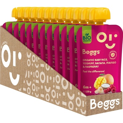 Beggs BIO Dětská rýže s jogurtem, banánem, mangem a malinami 12 x 120 g