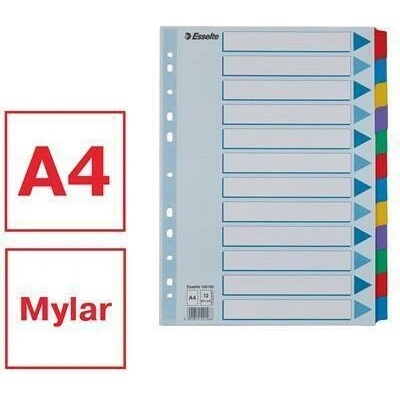 Zesílené rejstříky "Mylar", mix barev, karton, A4, 12 dílů, ESSELTE