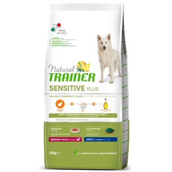 Natural Trainer Dog Sensitive Plus Medium & Maxi Adult with rabbit-rice-oil - храна за пораснали кучета, БЕЗ ГЛУТЕН, над 1 година, от средни и едри породи, с чувствителни стомаси, със заешко месо - 12 кг, Италия - 925265