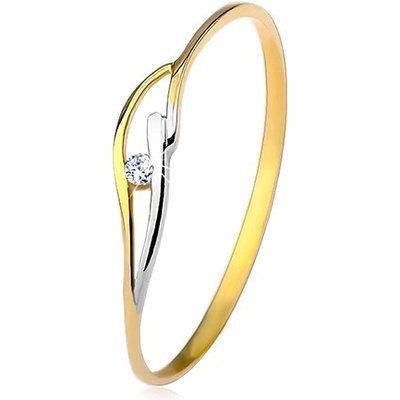 Šperky Eshop prsten ve žlutém a bílém zlatě úzká ramena vlnky a zirkon čiré barvy S3GG204.62