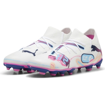 PUMA Детски футболни бутонки Puma Future 7 Match Rush Childrens Firm Ground Football Boots - White/Blue/Pink