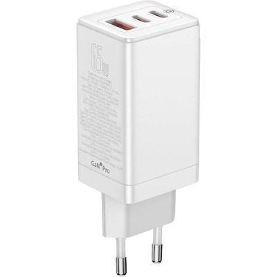 Baseus Захранване за ел. мрежа за лаптопи, смартфони и таблети с USB-A и 2xUSB-C изходи с технология за бързо зареждане и USB-C към USB-C кабел - Baseus GaN 3 Pro Fast Laptop Charger 65W (CCGP050102) (бял) (CCGP050102)