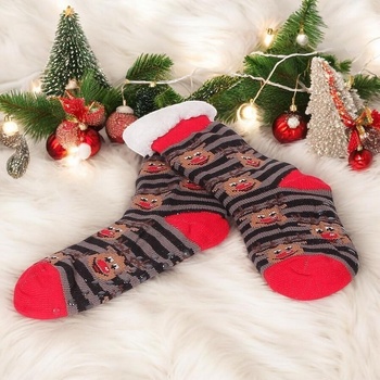 Дамски коледни чорапи на райе в черно и сиво с еленчета