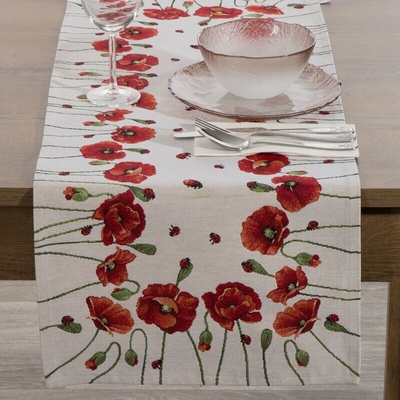 Takoy Běhoun na stůl přírodní, červený 40x100 cm gobelínový zdobený motivem máků-HF-473096 | 40 x 100 cm