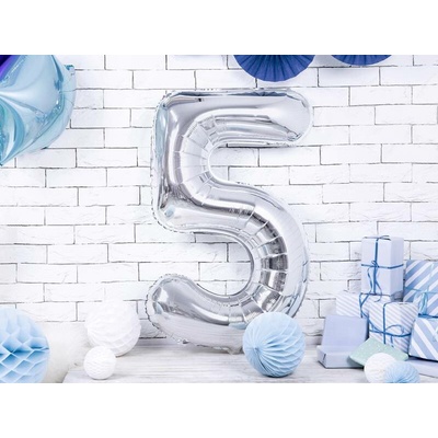 PartyDeco Fóliový balón číslo 5 strieborný 86 cm