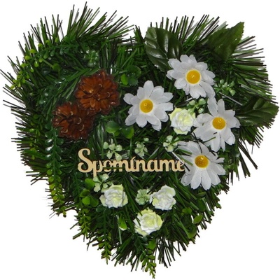 Dekorácia na hrob Spomíname – srdce s bielymi margarétky žlté ružičky (27 cm)