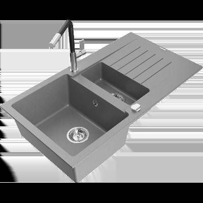 Matias Гранитна мивка 1, 5-коморна с отцедник и кухненски смесител Flora, сива - 6502-71-670401-07 (6502-71-670401-07)