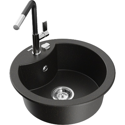 Mexen Diego гранитна мивка с една камера с кухненски смесител Flora, черен/златист металик - 6512-75-670401-07 (6512-75-670401-07)