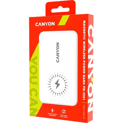 CANYON Зарядно устройство CANYON PB-1001, 18W PD+QC 3.0+10W Magnet wireless charger powerbank 10000mAh Li-poly battery, Lightning Input: DC5V/2A, 9V/2A Type c PD Input DC5V/3A, 9V/2A，Type C PD utput: 5V/3A, 9V (CNS-CPB1001W)