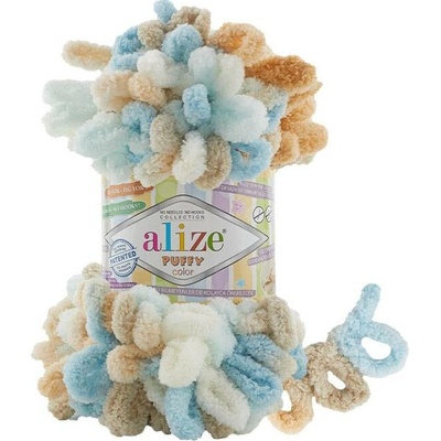Alize příze Puffy color 6530 krémová, mintová, modrá, hnědá