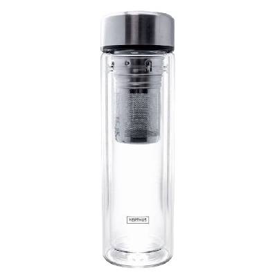 Двустенна стъклена бутилка Nerthus - С инфузер и неопренов протектор, 350 ml (VB FIH 664)