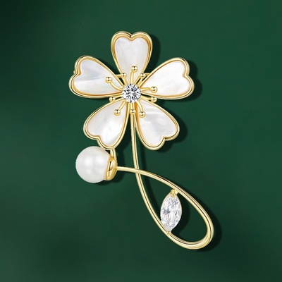 Éternelle brož s perlou a zirkony Riena květina B2375-XH1551 zlatá