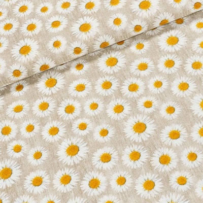 Směsové plátno RENA BÉŽOVÁ, kopretiny na béžovém žíhání, š.140cm (látka v metráži)