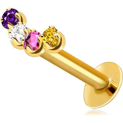 Šperky eshop piercing do rtu a brady z žlutého zlata motiv obloučku ze čtyř barevných zirkonů S2GG206.62