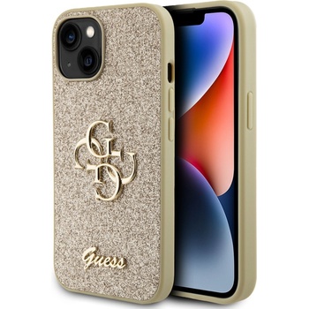 GUESS Гръб Guess PU Fixed Glitter 4G Metal Logo Case за iPhone 15 - Златист